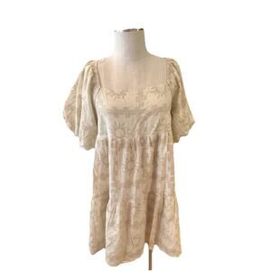 Paper Heart Fit & Flare Dress Womens Size 14 Ivory Puffy Sleeve Back Drawstring